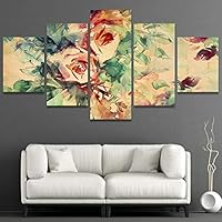 5 Panel Canvas Wall Art Watercolor Roses Painted on Beige Tone Pictures Modern Artwork for Home Decorations Ready to Hang - 60