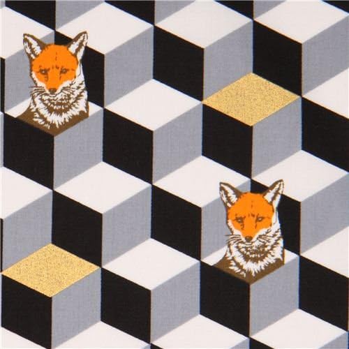 Black and grey diamond dice fox cotton sateen glitter laminate fabric Kokka (per 0.5 yard unit)