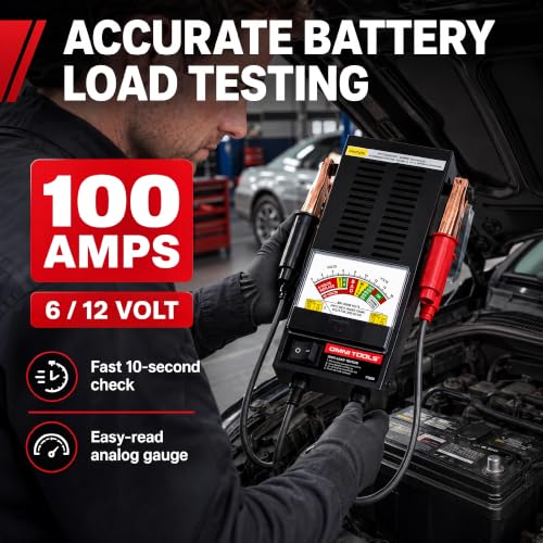 Image of Professional 100 Amp Battery Load Tester, 6V 12V Automotive Charging System Analyzer with Easy-Read Gauge, Copper Jaw Clamps for Car, Motorcycle, Marine Batteries T100A