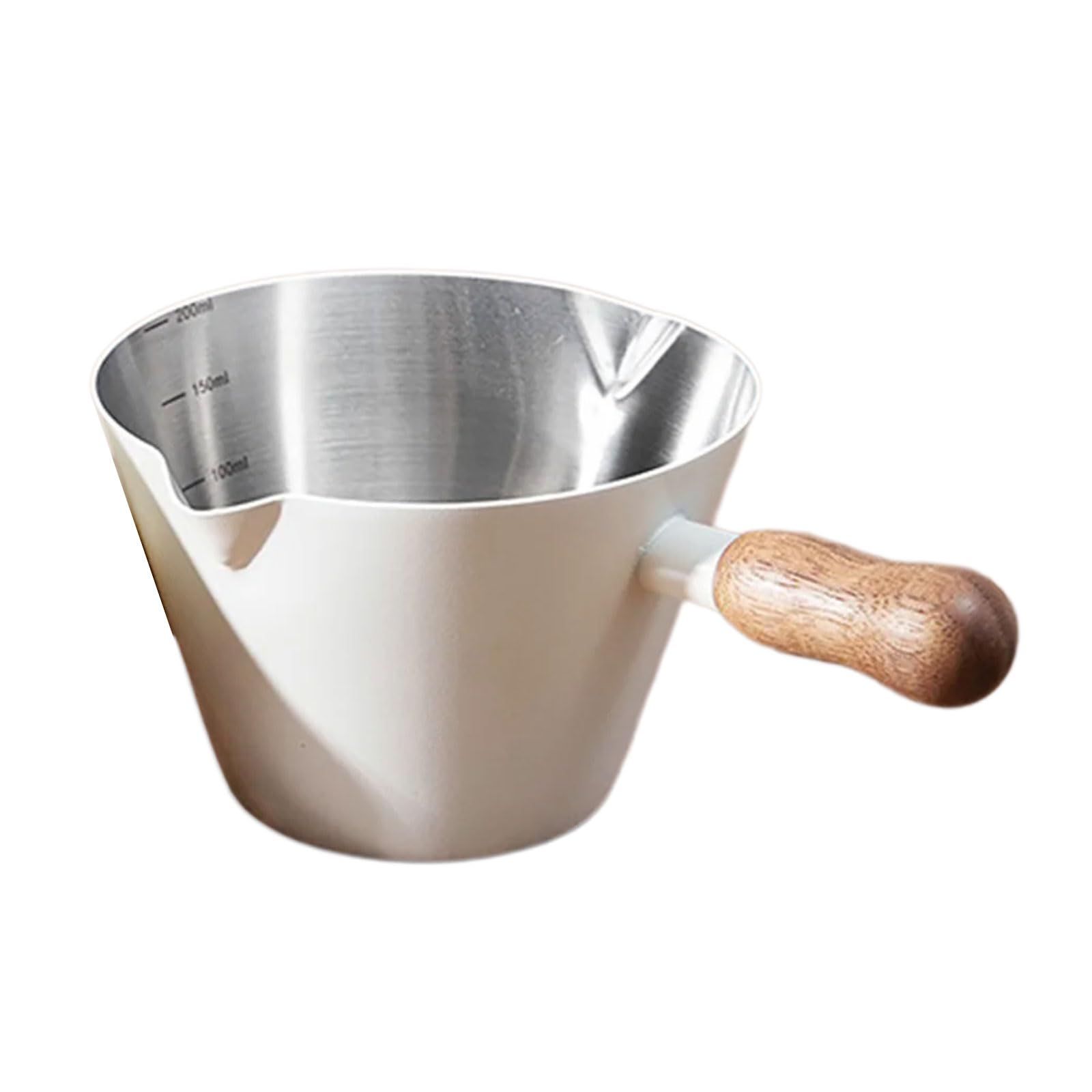 WAGHAVEN 100ML Double Spout Espresso Cup with Wood Handle and Scale Stainless Steel Measuring Cup for Kitchen Coffee Latte Art Double Stream Coffee