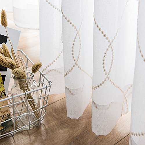 Vangao White Sheer Curtains 95 Inch Long For Living Room Bedroom, Geometric Embroidered Rod Pocket Voile Window Drapes 2 Panels #TOP3