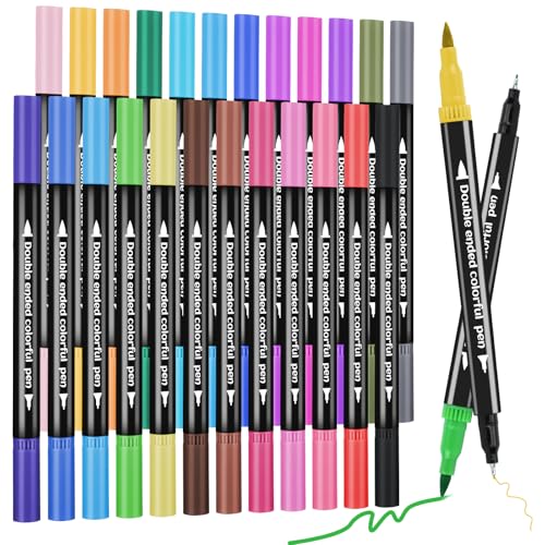 BQUKKIMAG 24 Colored Dual Tip Markers Fine & Brush Pens - No Bleeding Coloring Markers for Adult Sketching Drawing Journaling Art Marker Set