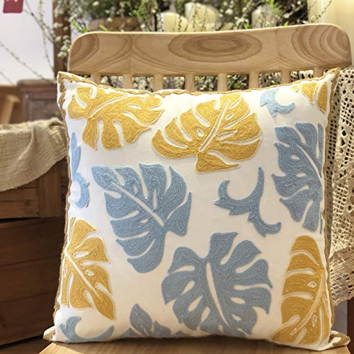 KITTMIN Boho Pillow Covers, Decorative Pillowcase, Square Embroidery Throw Pillows Cushion Set for Sofa Couch Bed Bench Living Room, Modern Plant Floral Pattern, 18 x18 inch (Monstera)