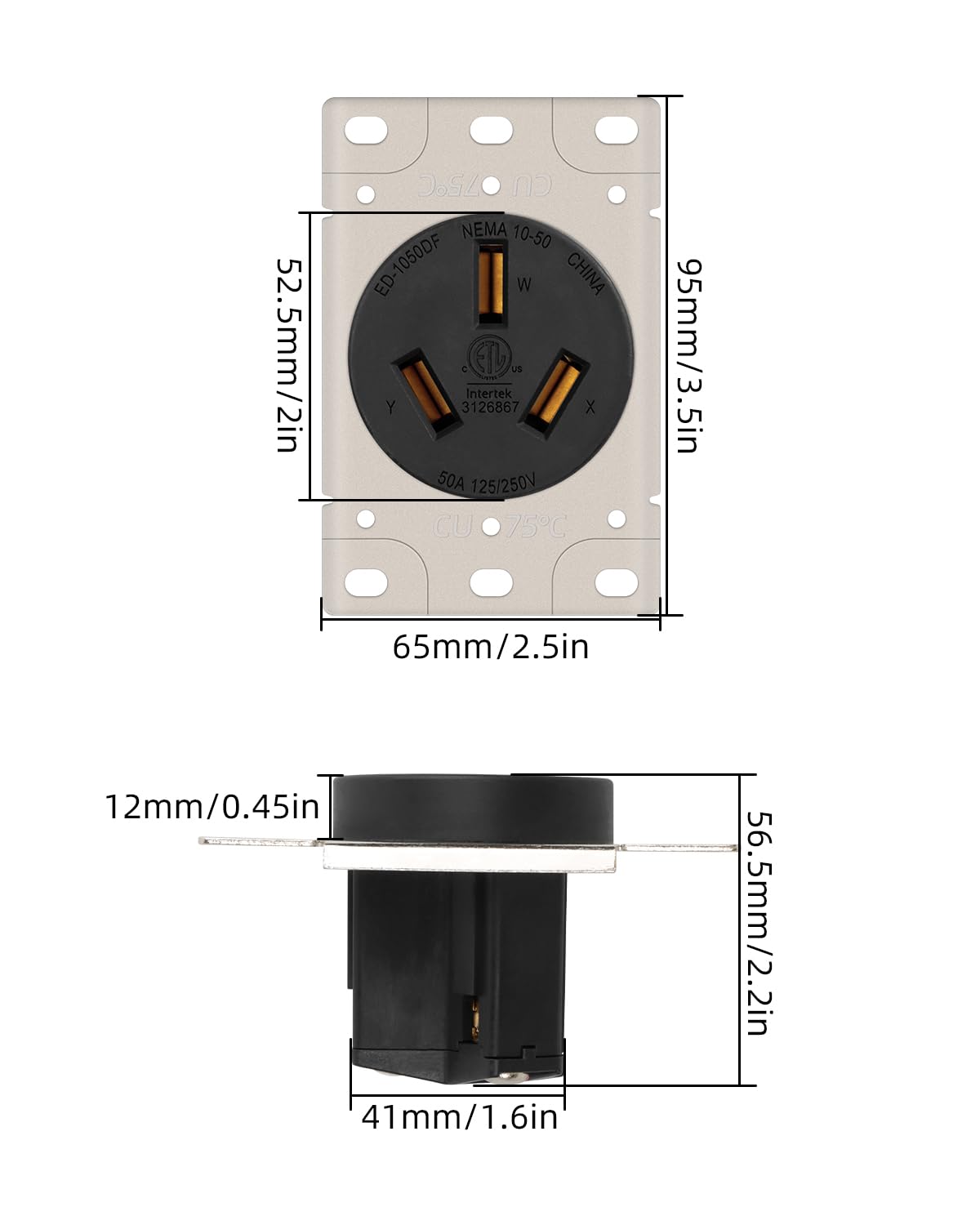 RIIEYOCA NEMA 10-50R Flush Mount Power Outlet,3 Pole 3 Wire Receptacle,Heavy-Duty 50 Amp 125V/250V Straight Blade Dryer Outlet for Plasma Cutter, Welders,Non-Grounding,1Pack