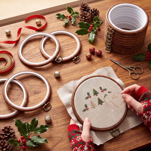 Image of Burbell 5.1 Inch 12 Pcs Pcs Spring Round Embroidery Hoops Frame | Circle Rubber Hoops Ring Display Cross Stitch Ornament Imitated Wood Frame Kits for Christmas in July Craft Sewing DIY Gifts