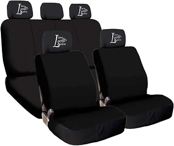 Yupbizauto - Universal Size Flat Black Cloth Car Seat Covers Set with 4 Embroidery Live Laugh Love Logo Headrest Covers - Airbag Compatible - Support 40 60 Split Seats - Easy to Install