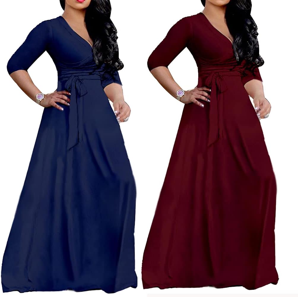 LightlyKiss Plus-Size Maxi Dresses for Women African Summer 3/4 Sleeves Beach Sundress with Pockets - Image 2