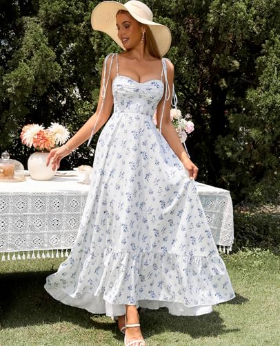 Image of GLNEGE Women's Summer Corset Wedding Guest Maxi Dress Spaghetti Strap Ruffle Formal Dresses Flowy A Line Tea Party Sundress