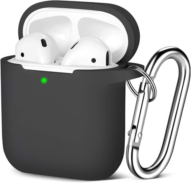 Maledan Compatible with Airpods Case 2 & 1, Silicone Shockproof Protective Airpod Skin Cover, Waterproof [Front LED Visible] Support Wireless Charging with Carabiner, Black