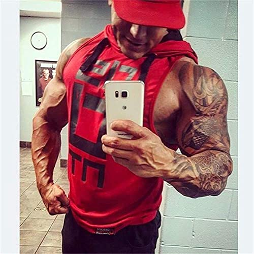 Image of HOT BUTTON Men's Hooded Tank Top | Slim Fit Sleeveless Gym Bodybuilding Stringer | Quick Dry Sports Training Vest Graphic Printed Hoodie for Men