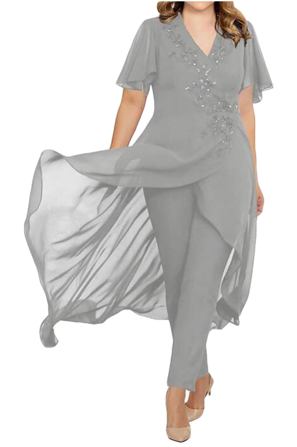Botong 2 piezas de pantalones para madre de la novia, traje de gasa con cuello en V, vestido de noche formal para mujer, traje de fiesta de boda