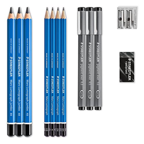 Image of Staedtler Mars Lumograph Art Set|Drawing Kit With Art Pencils,Drawing Pens,Eraser&Double Hole Sharpener (61 100),Black