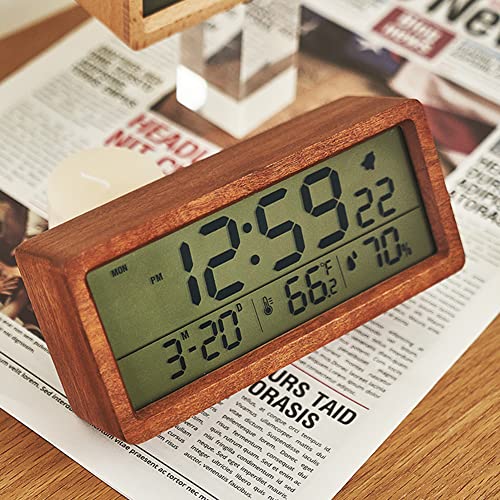 Skyxiu Battery Operated Wooden Lcd Digital Alarm Clock For Bedroom With Calendar & Temperature,Humidity,12/24 Hours,Dark Sensor,Backlight,Snooze Function,For Kids,Adults,Bedroom,Home And Office #TOP1