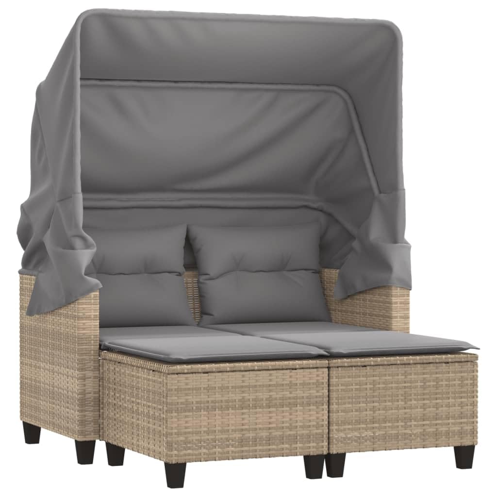 vidaXL Gartensofa 2-Sitzer mit Dach Hockern, Outdoor Sofa Gartenmöbel, Garten Lounge Set Terrasse, Terrassenmöbel Zweisitzer, Beige Poly Rattan