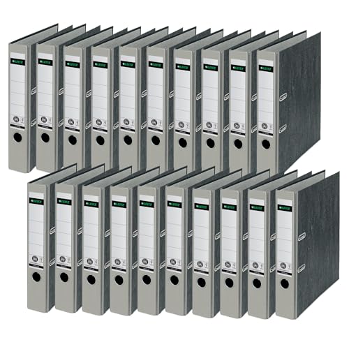 Leitz Qualitäts-Ordner, das Original, 20er Pack, DIN A4 Aktenordner schmal, 5 cm breit, Wolkenmarmor-Papier, Recycling-Ordner, Blauer Engel, Mit 180° Mechanik, Höchste Stabilität, Grau, 10505085