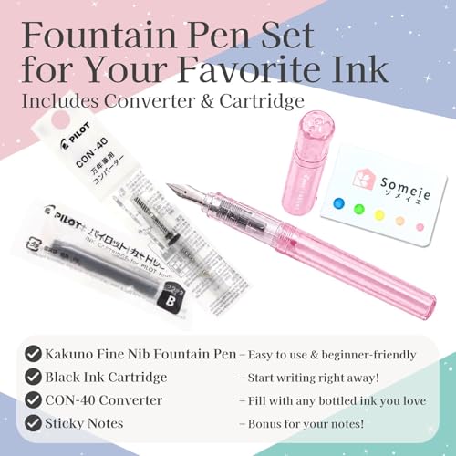 Image of Fountain Pen Set CON-40 Converter & Kakuno Fine Nib with Black Ink Cartridge & Sticky Notes - Refillable Ink System, For Beginners, Calligraphy (Pink FKA-1SR-KGP-F)