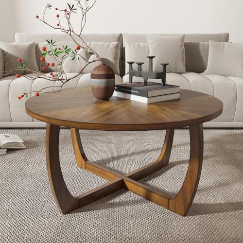 LEEMTORIG Round Wood Coffee Table, Mid Century Modern Round Walnut Coffee Tables for Living Room, 33.5' Dia. Circle Drum Coffee Table with Cross Legs, Easy Assembly, Brown Walnut KFZ-3223