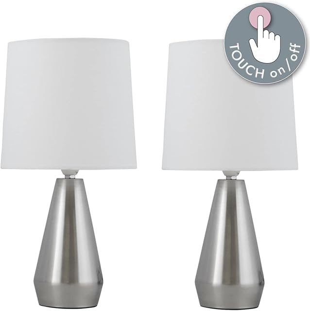 First Choice Lighting Set of Two Modern Brushed Chrome Touch Table Lamps with Ivory Shades