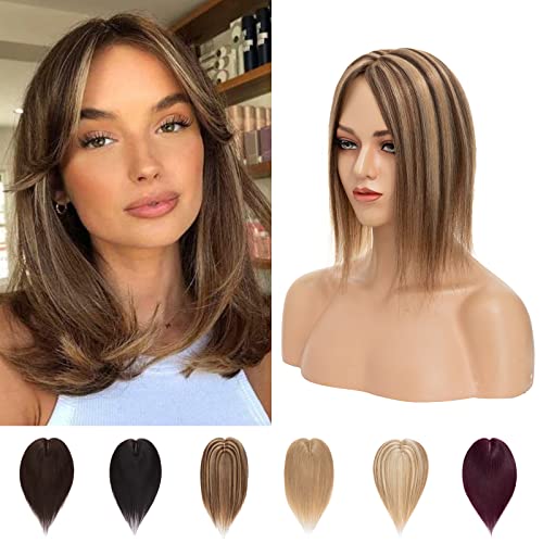 Silk-co 10inch Hair Topper for Thinning Hair Women Clip in Real Remy Human Hair Extensions Top Piece Base Size 10 * 12cm Silk+Lace Base (#4P27 Medium Brown&Dark Blonde)