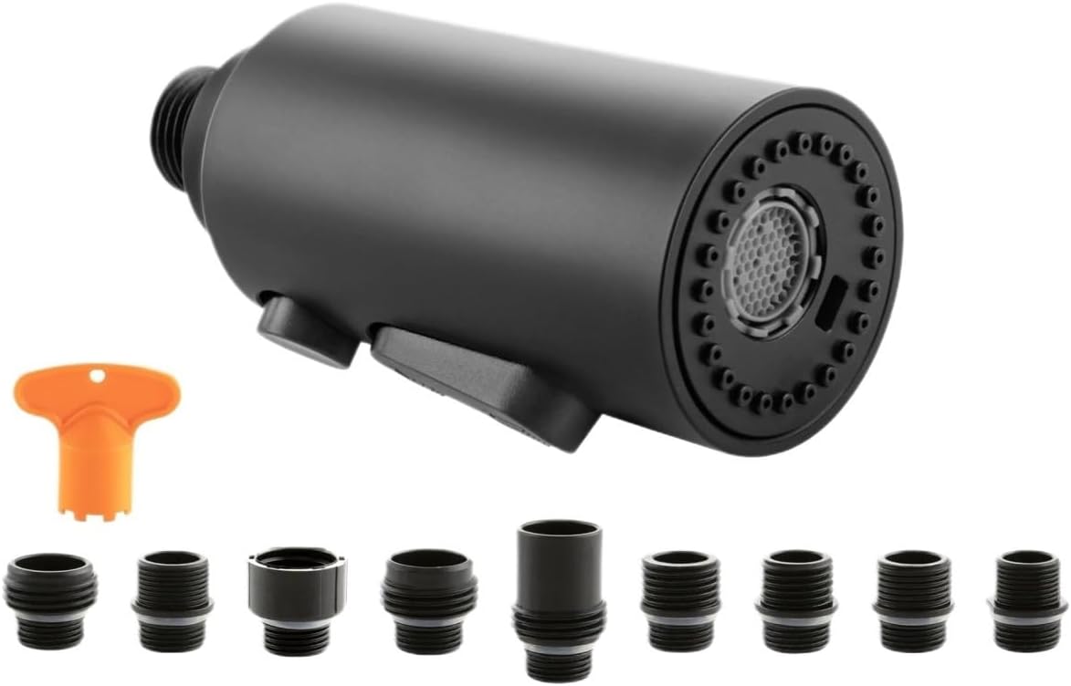 3-Function Pull-Down Kitchen Faucet Spray Head Matte Black Replacement with 9 Adapters - Universal Fit for Kitchen Sinks Easy Installand Stylish.