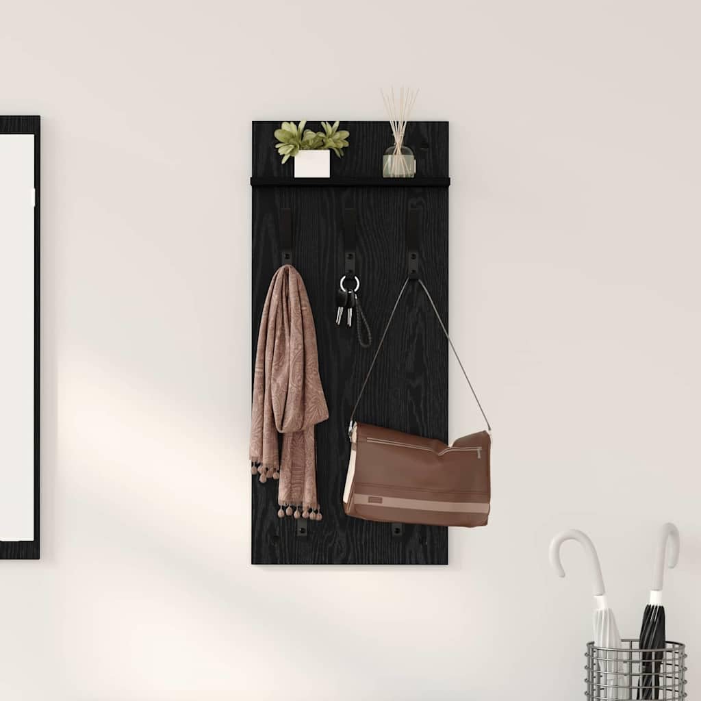 Montowany na ścianie stolik nocny o wyglądzie czarnego dębu, z materiału drewnopochodnego, 40 x 10 x 90 cm, z regałem i haczykami, zajmuje mało miejsca, do korytarza, sypialni, salonu, biura