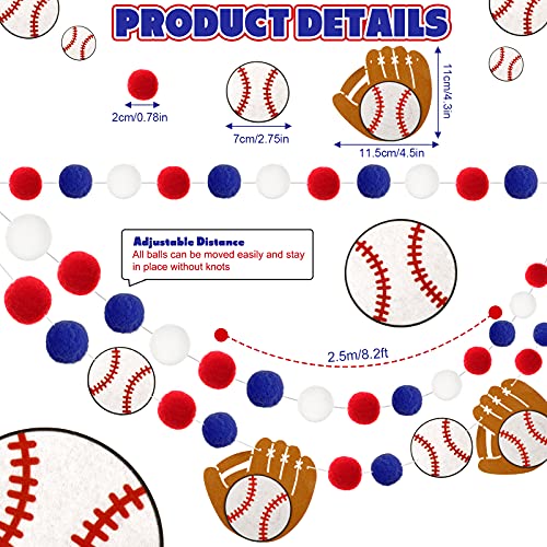 Image of Tatuo 3 Pieces Baseball Pompom Garland Sports Theme Banner Blue Red White Felt Ball Baseball Glove Hanging Garland for Sports Birthday Party Decor 8.2 Feet