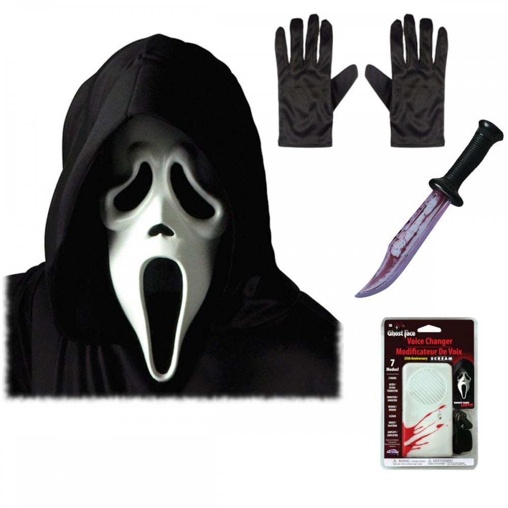 Adult Unisex Official Scream/Ghost Face Mask with Hood + Black Gloves + Bloody Blade + Voice Changer : Halloween Fancy Dress Accessory Set