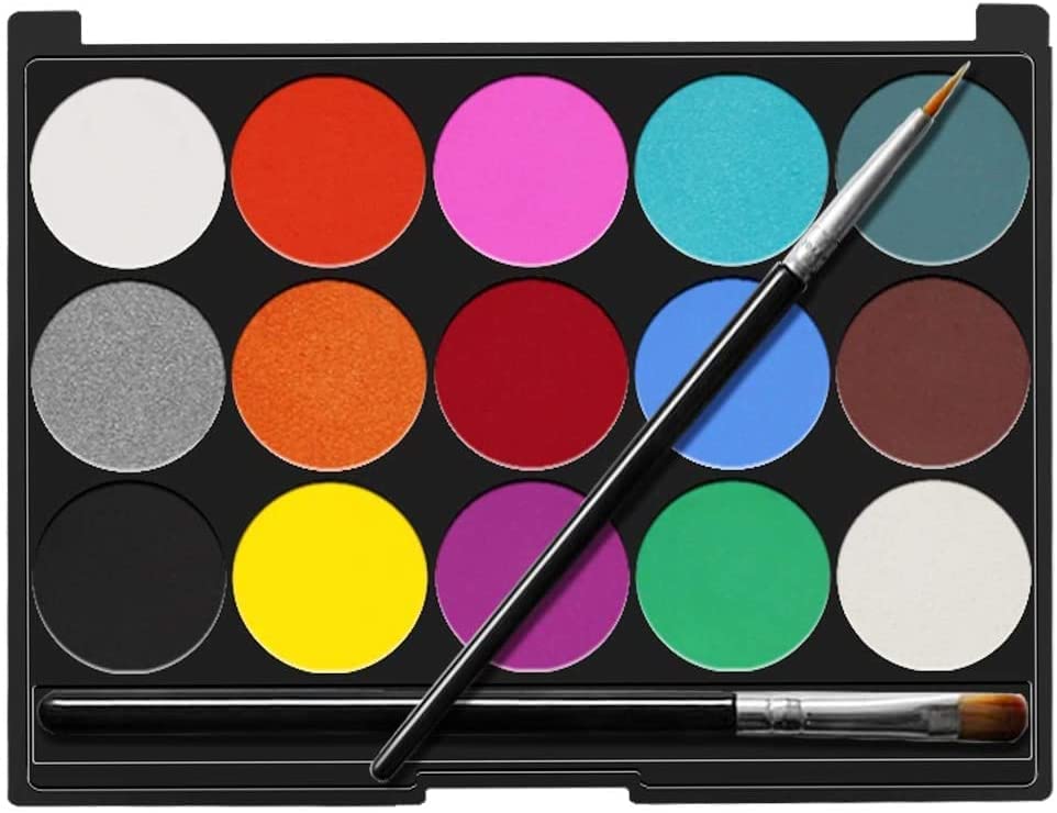 Face Paint Kits, 15 Colors Non-Toxic Safe for Sensitive Skin Professional Quality Water Based Palette Body Face Painting Supplies with 2 Brushes for Halloween, Cosplay, Parties, Theater & Stage