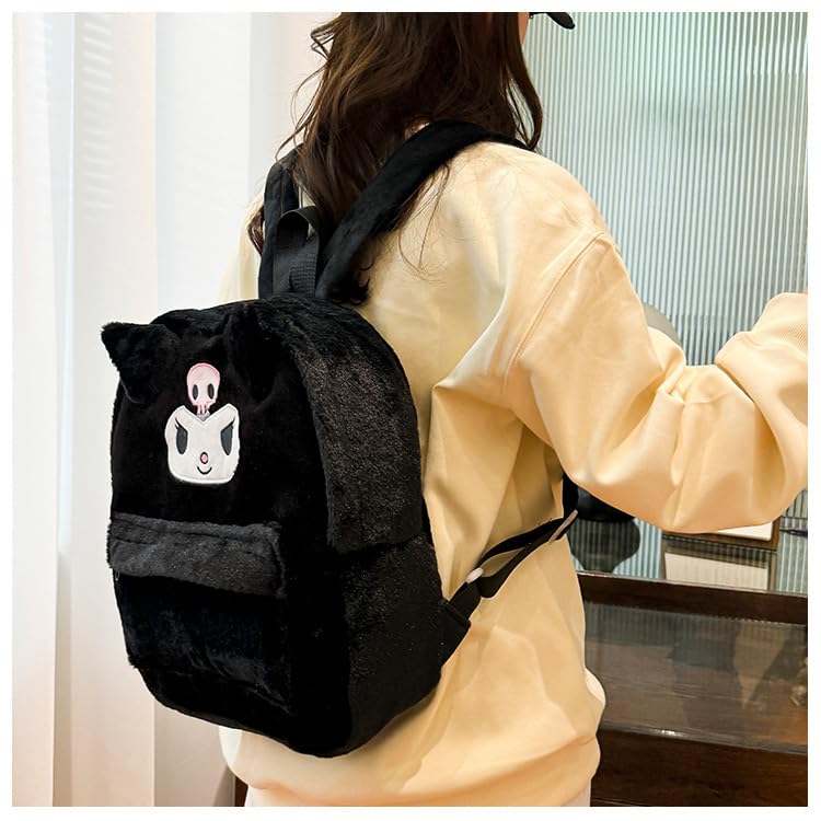 Kawaii Fuzzy Backpack Daypack, Cute Y2K Fluffy Animals Design Chic Cartoon Furry Daypack Bookbag Daily Shoulder Bag (Black)2