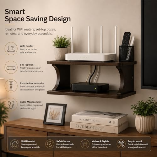 Image of Wall Mounted WiFi Router Shelf | Wooden Router Stand & Set Top Box Holder | Modern Floating Wall Shelf for WiFi Router, Remote, Accessories & Cable Management | Dark Walnut Finish
