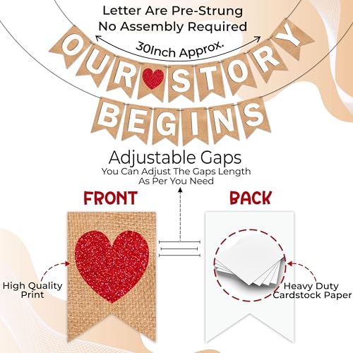 Image of Wobbox Jute Style White Text & Red Heart inchOur Story Begins inch Pre Wedding Bunting Banner, Pre-Wedding Decoration Item