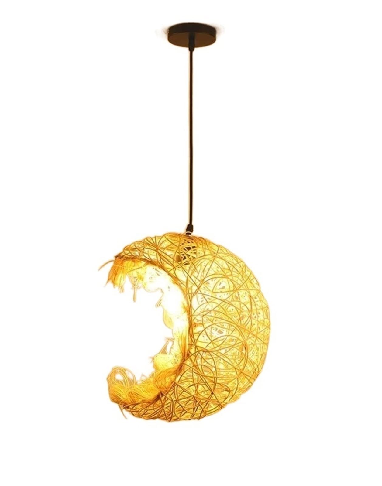 Chandelier lune en rotin suspension E27 au design créatif et rustique pour couloir