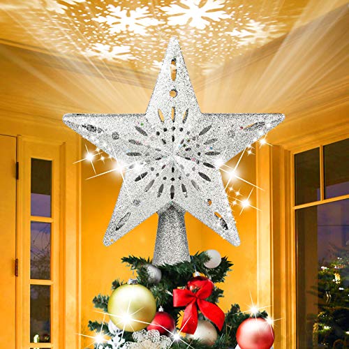 AHNNER Valentine s Day Star Project, Christmas Star Tree Topper with Rotating 3D Snowflake Projector, Silver Glitter Lighted Tree Topper for Xmas Tree Topper, Home Decorations Gift