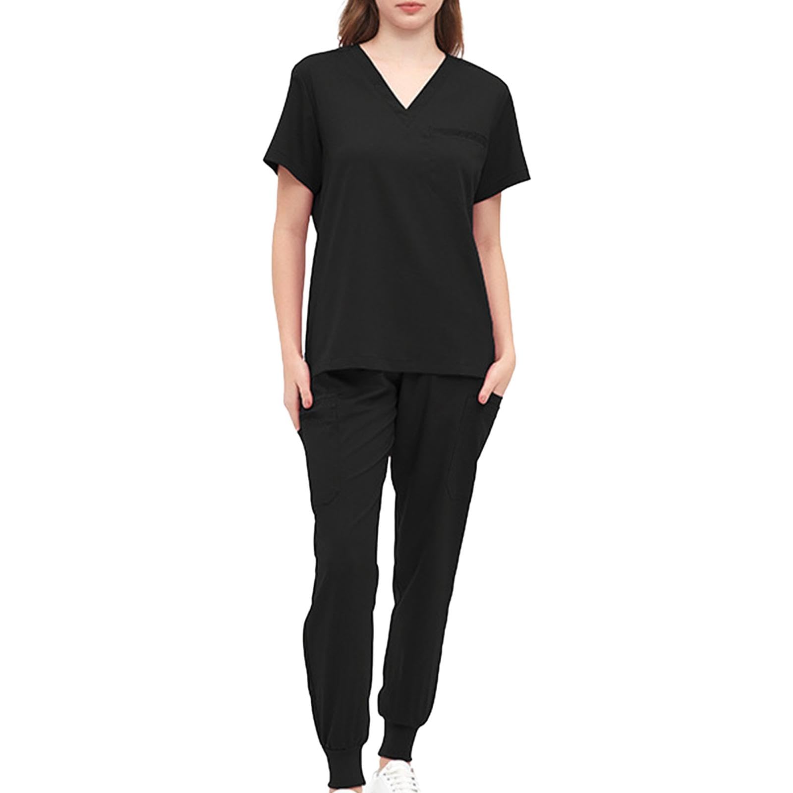 Ensemble haut manches courtes femme et pantalon multipoches noir en tissu respirant