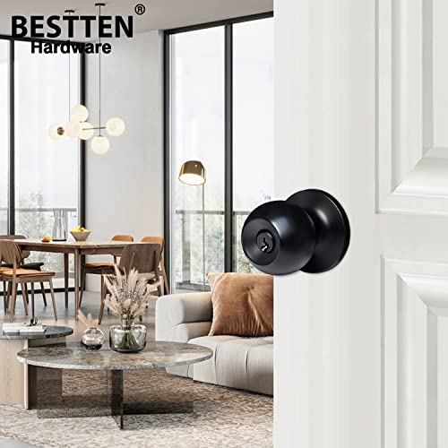 Bestten Keyed Entry Door Knob, Entrance Door Lock, Standard Ball, All Metal, Matte Black #TOP2