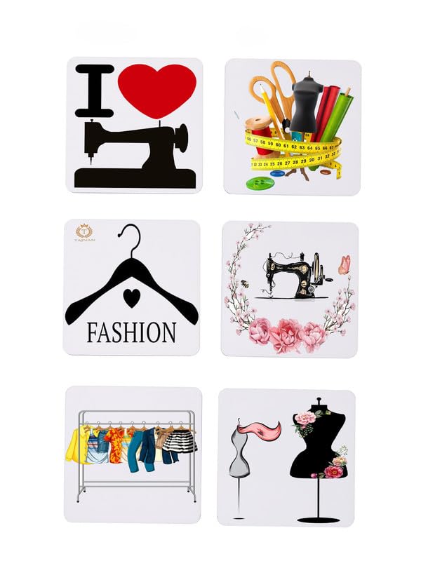 TAJNAN Fashion Station Printed Coaster Set of 6 Beautiful Wooden Coasters Plastic Coating Designer Coaster Stand Set Fit for Tea Cups,Coffee Mugs & Glasses (Square&Designer 4x4 Inch)