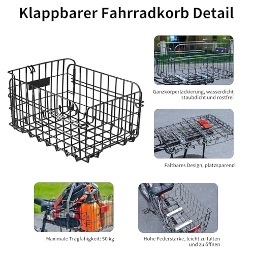 W&H Fahrradkorb Hinten Faltbar, Fahrrad Korb Metall Groß Klappbarer, FahrradKorb Gepäckträger Hinten mit Montagezubehör Gepäcknetz und Reflektor, Fahrradkorb für Kleiner Hund,Einkaufen,Picknick