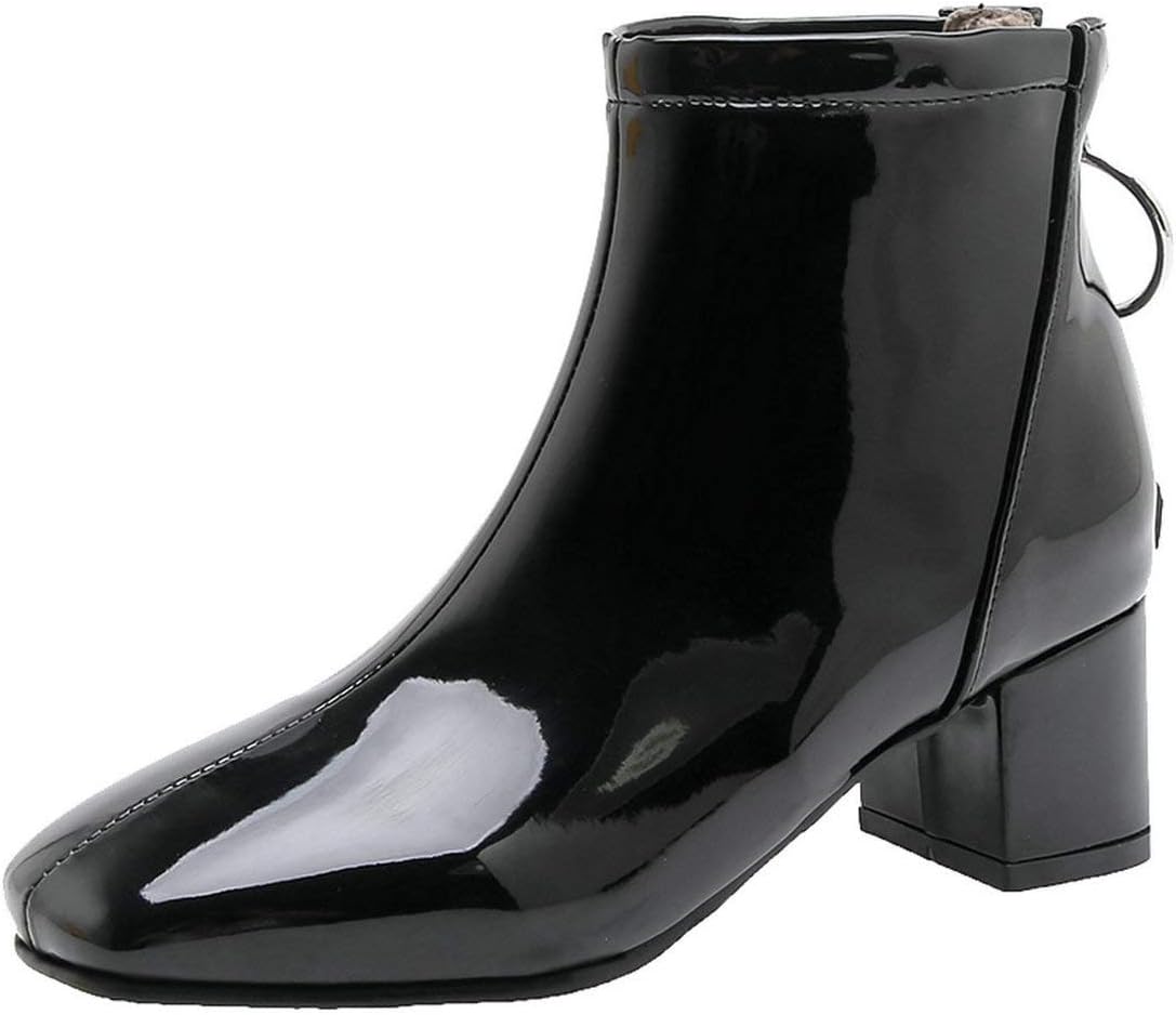 MAVMAX Women's Patent Leather Ankle Boots Chunky Heels Round Toe Booties