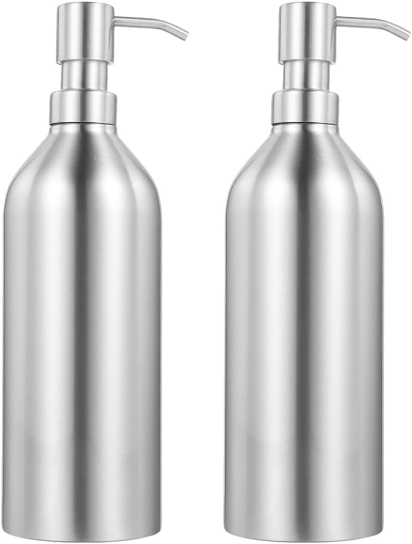 2pcs 700ml 304 Stainless Steel Bathroom Soap Dispenser with Pump, Manual Lotion and Shampoo Bottle Refillable for Residential and Hospitality Countertop Use