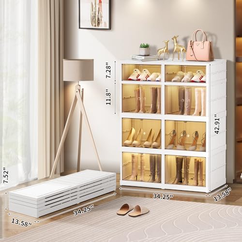 Image of CIMLORD 4-Tier Foldable Shoe Rack Organizer for Boots, 16 Pairs, White | Collapsible Large Plastic Shoe Cabinet Storage, Fits Tall Boots, Stackable with Lids, Easy Assembly, for Closet & Entryway