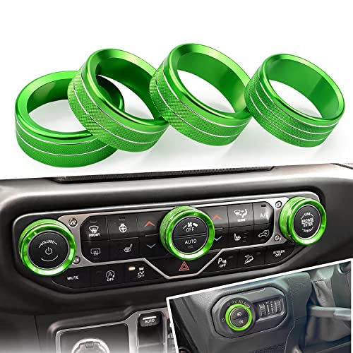 for JL JLU Air Conditioner Headlight Switch Knob Cover Center Console Switch Button Trim HVAC Auto Volume Decorative Ring Compatible with 2018-2021 Jeep Wrangler JL JLU Gladiator JT, Green 4pcs