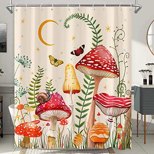 Zussun Mushroom Shower Curtain Set Beige And Red Floral Butterfly Waterproof Fabric Bathroom Shower Curtains Aesthetic Moon Flower Plant Bath Curtain Decor With Hooks (Beige, 72'' × 72'') #TOP1