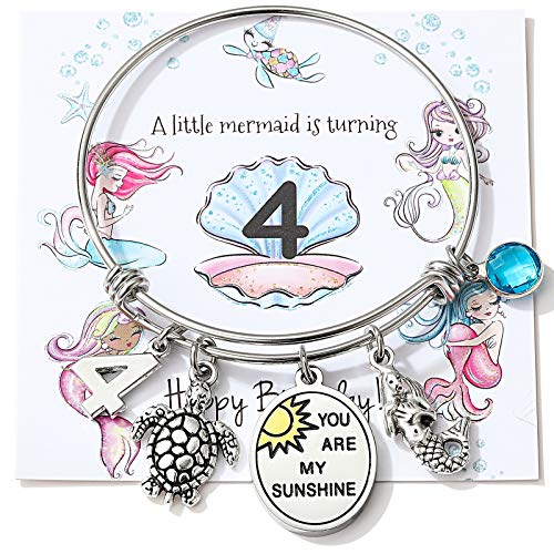 4th Birthday Gifts for Dughter Granddaughter Niece You Are My Sunshine Bangle Mermaid Turtle Charm Bracelet Sea Beach Lover Jewelry for 4 Year Old
