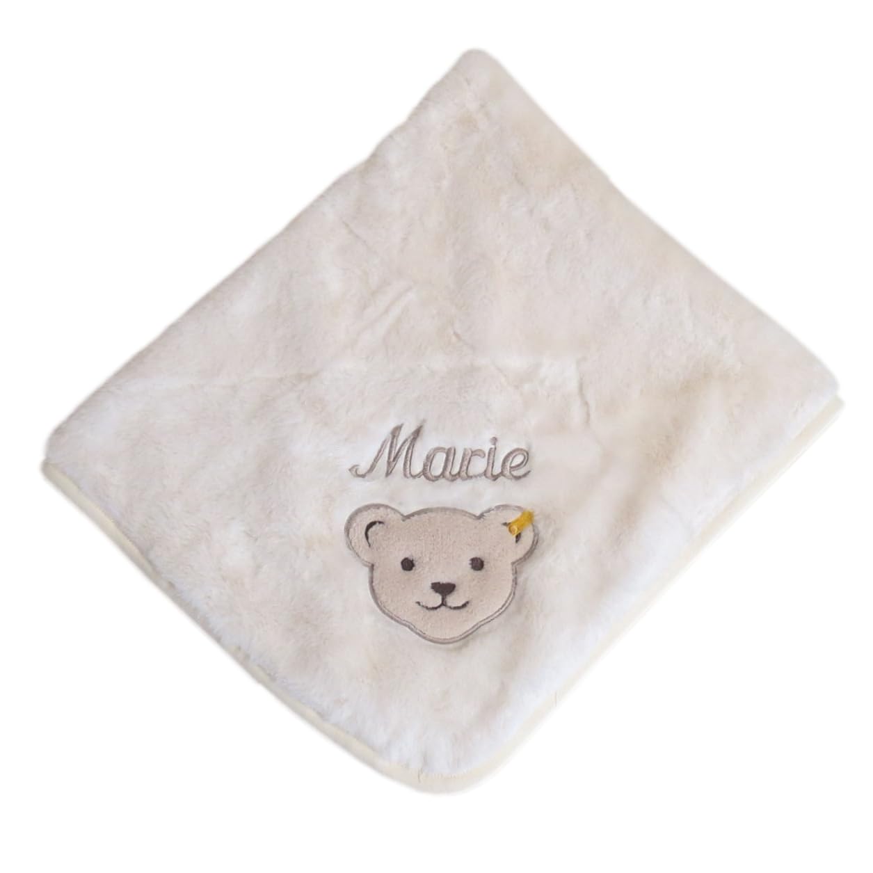 Steiff Babydecke Plüsch mit Ihrem Wunsch-Namen Bestickt cremeweiß 90 cm x 60 cm als Namensdecke personalisierte Webpelz Decke mit Teddy-Applikation eggnogg