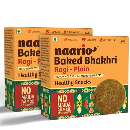 Naario Whole Wheat Ragi Bhakhri | Baked Healthy Snacks Item for Kids and Adults | Certified Organic, High Protein, Rich Fiber, No Palm Oil or Preservatives - 200g Pack of 2 (B0CPY4CYZW) Amazon Price History, Amazon Price Tracker