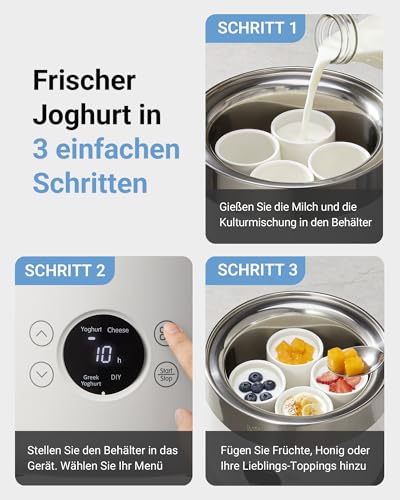 Bear Joghurtbereiter Joghurt- und Frischkäsebereiter, inkl. 4 Keramik Portionsbecher à 125 ml, 2 XXL Glasbehälter à 1 Liter, 4 voreingestellte Programme für Griechischer Joghurt, Käse