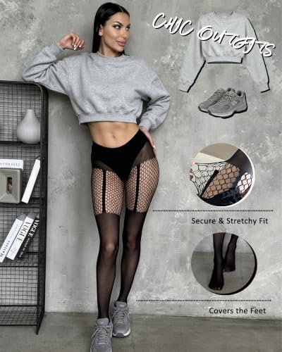 Image of Sexy Faux Thigh High Tights Mock Suspender Pantyhose Fishnet Stockings Striped Goth Fishnets for Women
