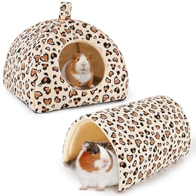 Hedgeink Guinea Pig House with Rabbit Hideout, 2 Pack Guinea Pig Toys Set Rabbit Bed and Guinea Pig Tunnel, Guinea Pig Accessories for Hamster, Ferret, and Bunny, Brown Leopard Print