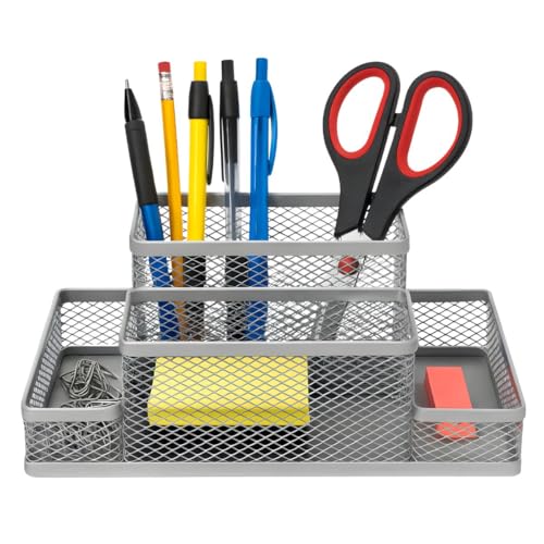 Porta Caneta Organizador de Mesa Metal Aramado Escritório Compartimentos Divisões Telado Caneta Lápis Porta Papel Clips Estojo Multiuso Home Office Vertical (Cinza, 4 Compartimentos)