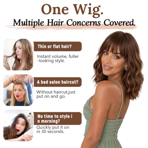 Image of Nnzes Brown Wigs for Women 16 Inch Synthetic Short Curly Wig with Bangs
